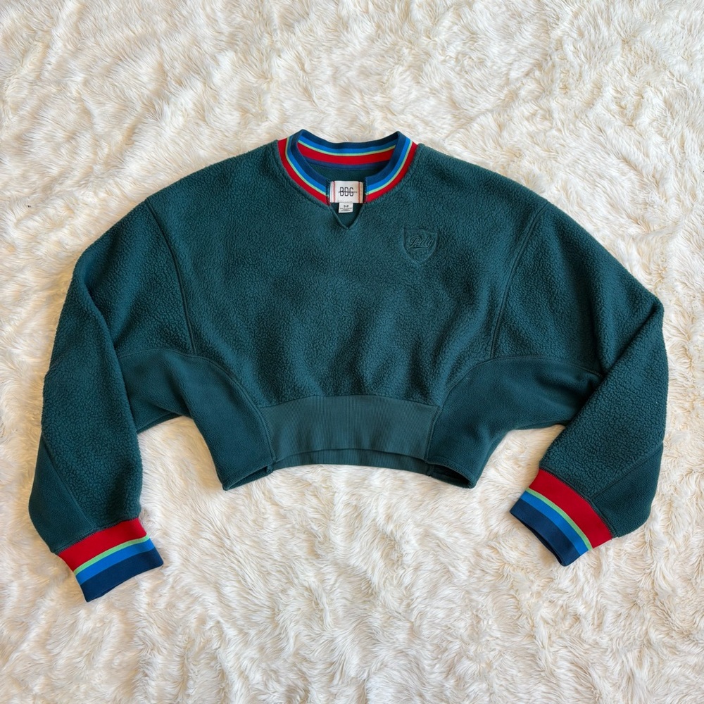 Urban Outfitters BDG Green Cropped Fleece Sweatshirt Striped Cuffs Small